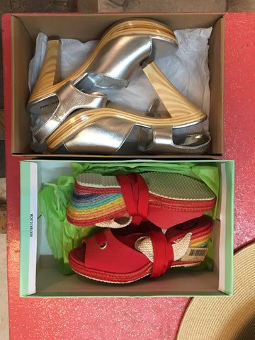 vintage rainbow wedge lace up espadrille shoes and silver 1970's wooden heels at pretty parlor