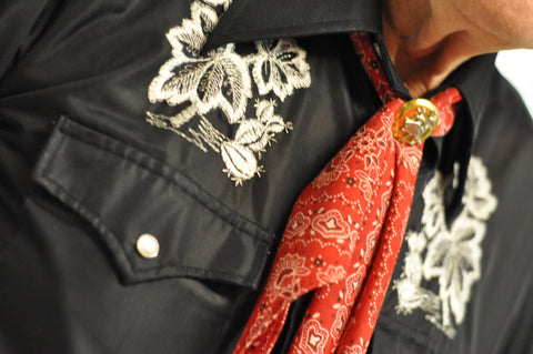 a man's western shirt with handkerchief and bolo tie square dancing