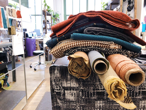 upcycled fabrics in Crystalyn Kae's handbag studio at Industry City