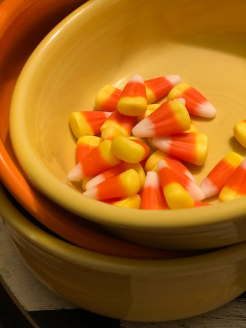 Candy Corn in Yellow Fiesta Bowl