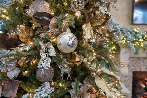 Merry Christmas Ball on Blue and Metals Christmas Tree