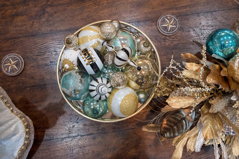 Decorative Balls in Container as Coffee Table Decor 