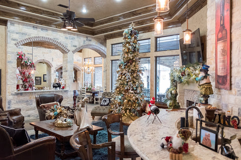 Traditional Christmas Kitchen contrasted with the Dreamy Ocean Blue and Metals Christmas Living Room 