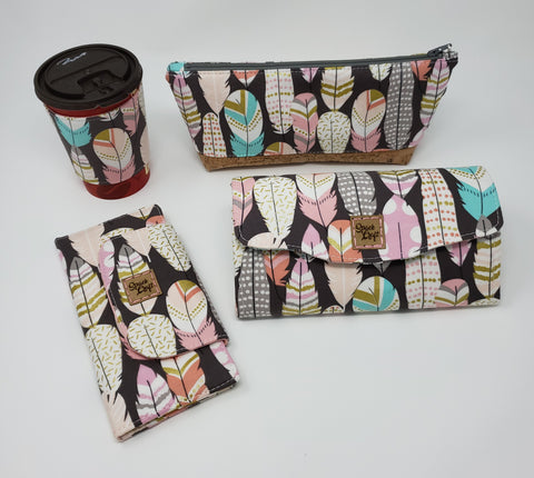 Feathers collection in Reusable Cup Cozy, Essential Oil Bag, Slimline Wallet and Necessary Clutch Wallet