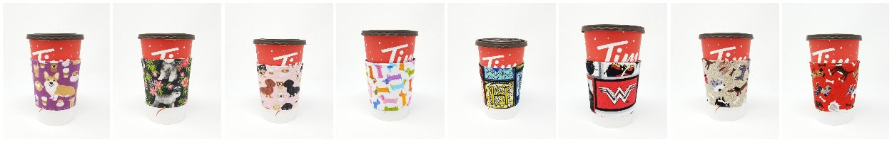 Photo collage of 8 different cup cozies modeled on large Tim Horton's coffee cups