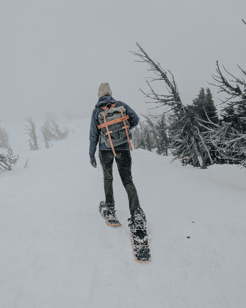 Taking the Parva Rucksack out snowshoeing in Bend. Orox Leather goods are great company on outdoor adventures!