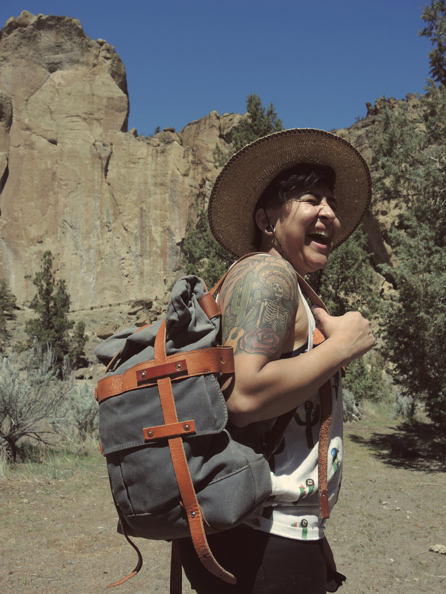 Parva Rucksack at Smith Rock. Hand crafted high quality leather goods in nature!