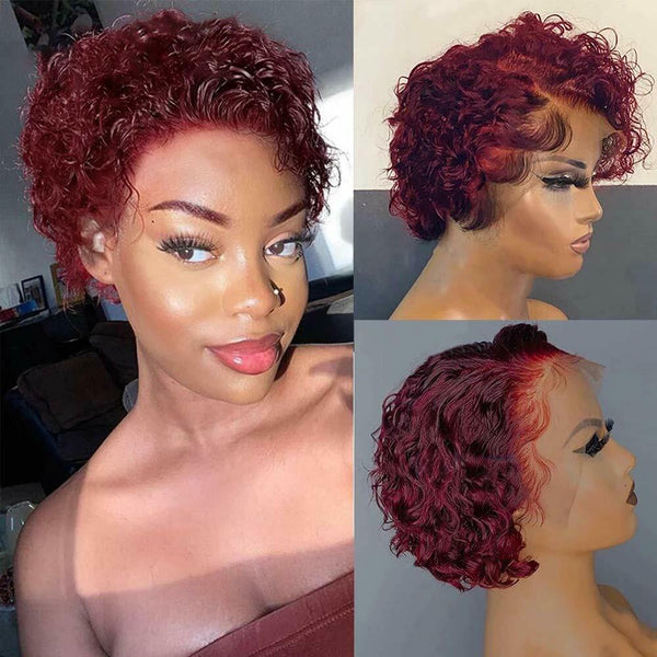 Fashion Wine Red Pixie Deep Curly Wigs Synthetic – ATOZWIG