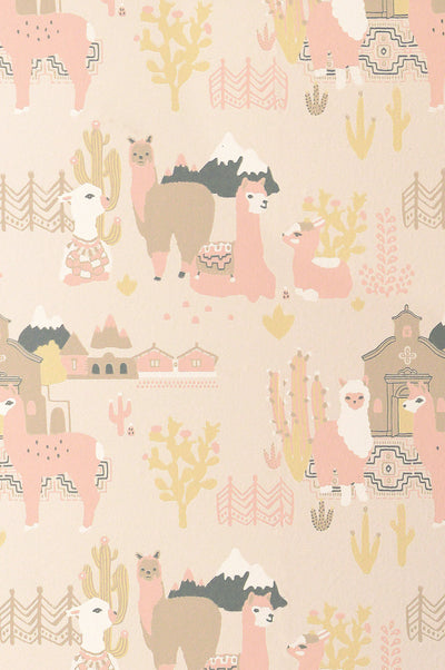 Lama Village Light Sunny Pink Wallpaper by Majvillan
