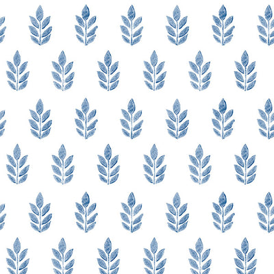 Ervic Blue Leaf Block Print Wallpaper from the Flora & Fauna Collection by Brewster Home Fashions