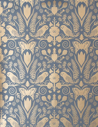 Barn Owls and Hollyhocks Wallpaper in Gold on Charcoal by Carson Ellis for Juju