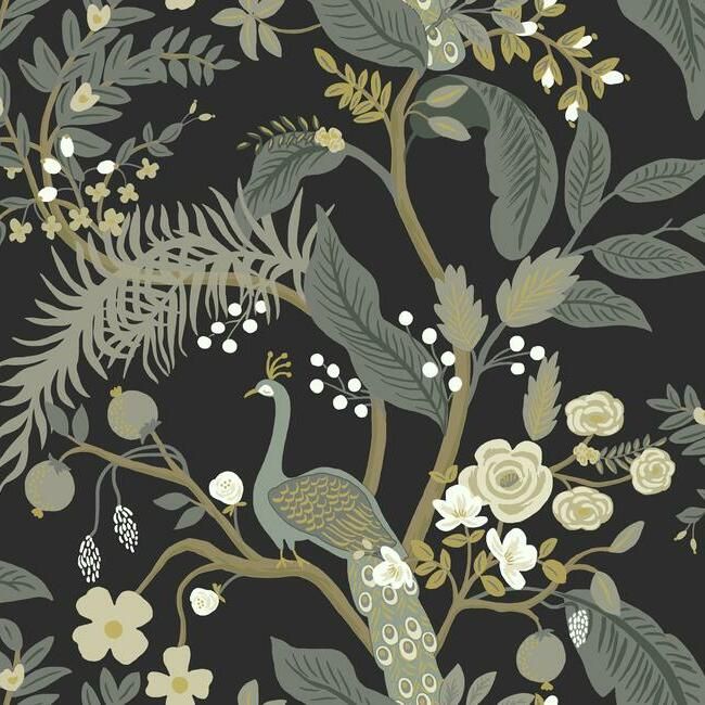 Peacock Wallpaper in Black from the Rifle Paper Co. Collection by York Wallcoverings