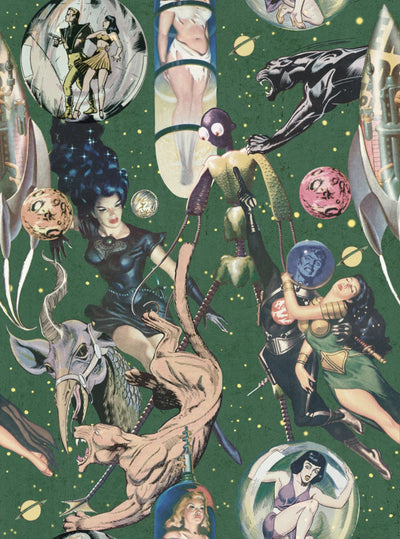 Sci-Fi Comics Wallpaper in Beige, Blue, and Green from the Eclectic Collection by Mind the Gap