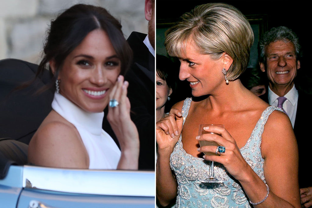 Meghan Markle and Princess Diana wearing Aquamarine Engagement Rings 