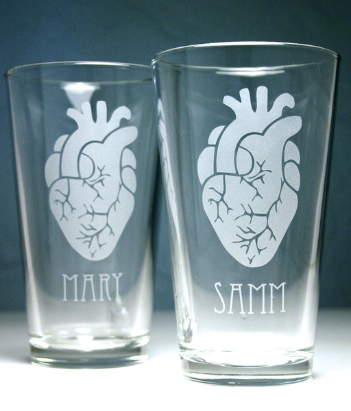 custom etched pint glasses, sandblasted by Bread and Badger