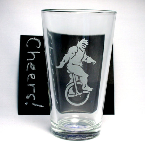 sasquatch unicycle pint glass with chalkboard
