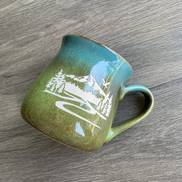 Mt Hood engraved on a rustic mug
