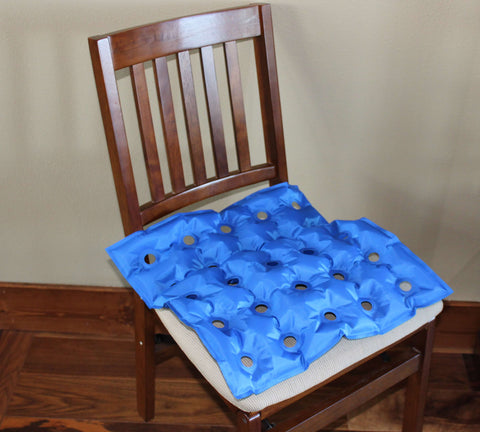 EverRelief Air Inflatable Seat Cushion on a chair allows to easily adjust the air level and firmness for your specific body type. Includes a free, easy to use multi-purpose hand pump.