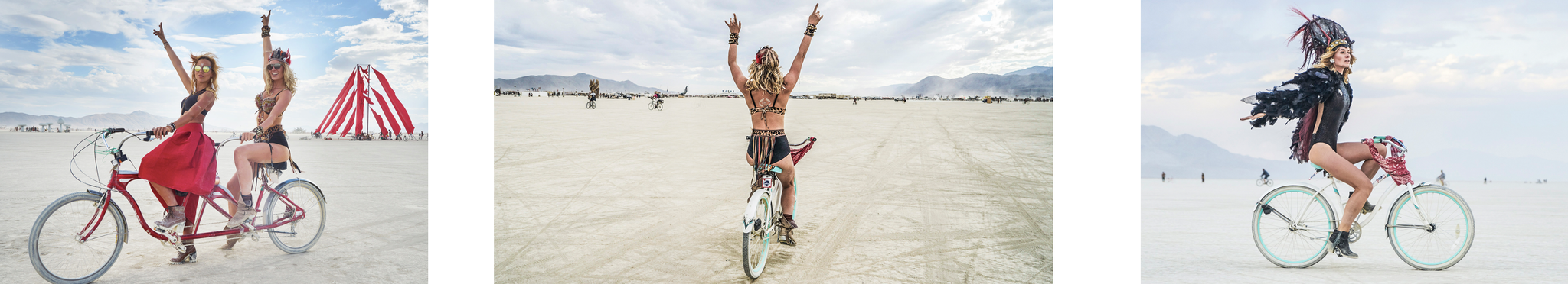 Burners riding a tandem bike, a person on a rental bike and having fun