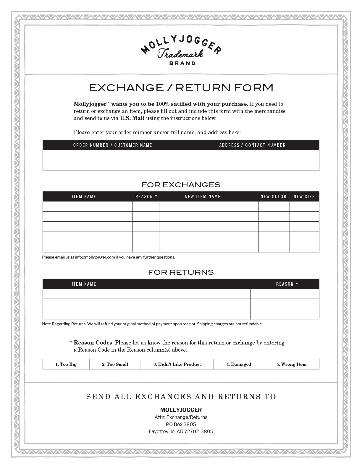 Mollyjogger Exchange Return form