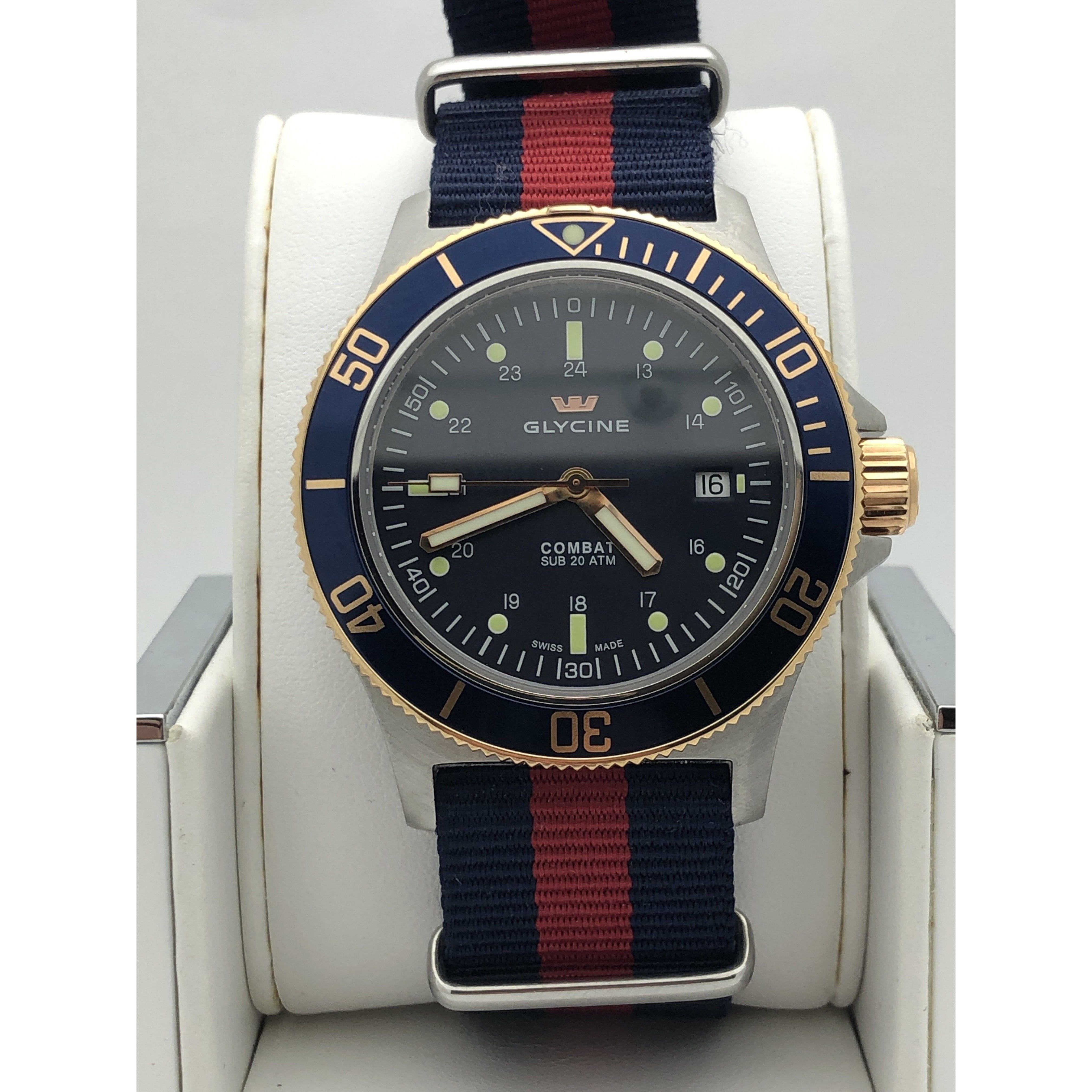 Glycine Men's Combat SUB Automatic Blue Dial Blue & Red Nylon Strap Watch  3908.3