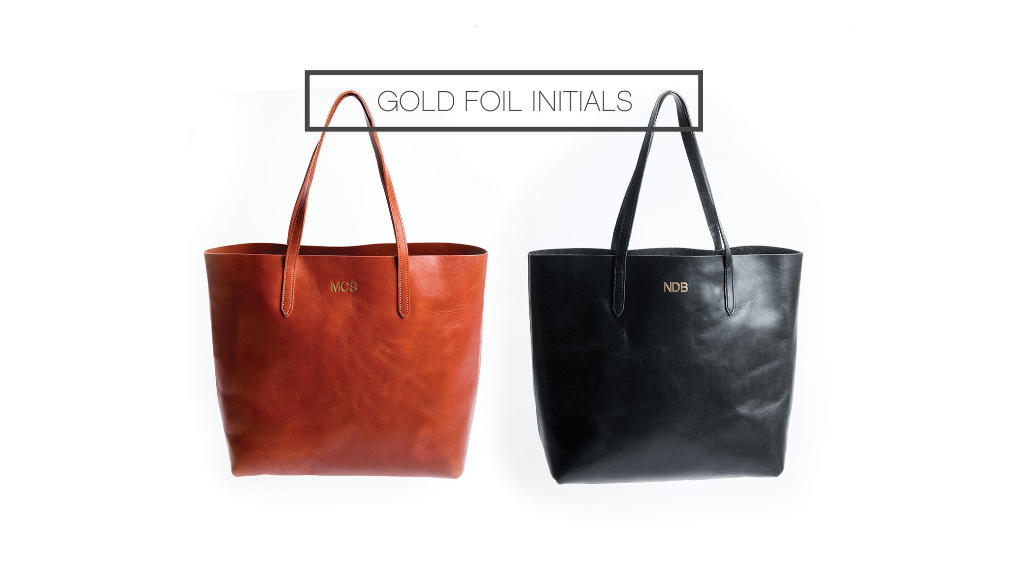FOTO's genuine vegetable-tanned leather tote can be personalized with gold foil initials. The three letters must be entered in the exact order you would like them to appear on the tote and the letters will all be the same size.