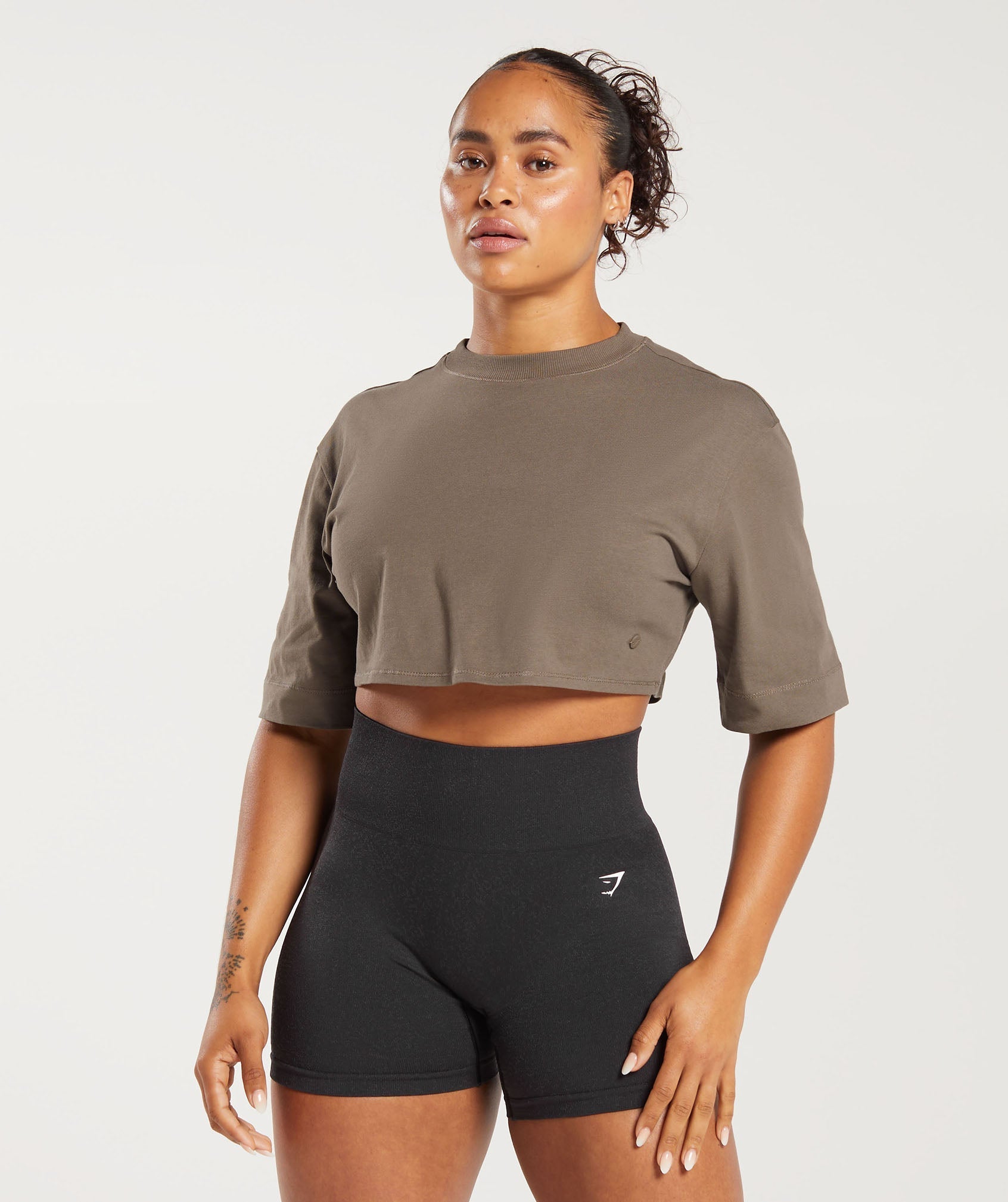 Gymshark Cotton Boxy Crop Top - Camo Brown