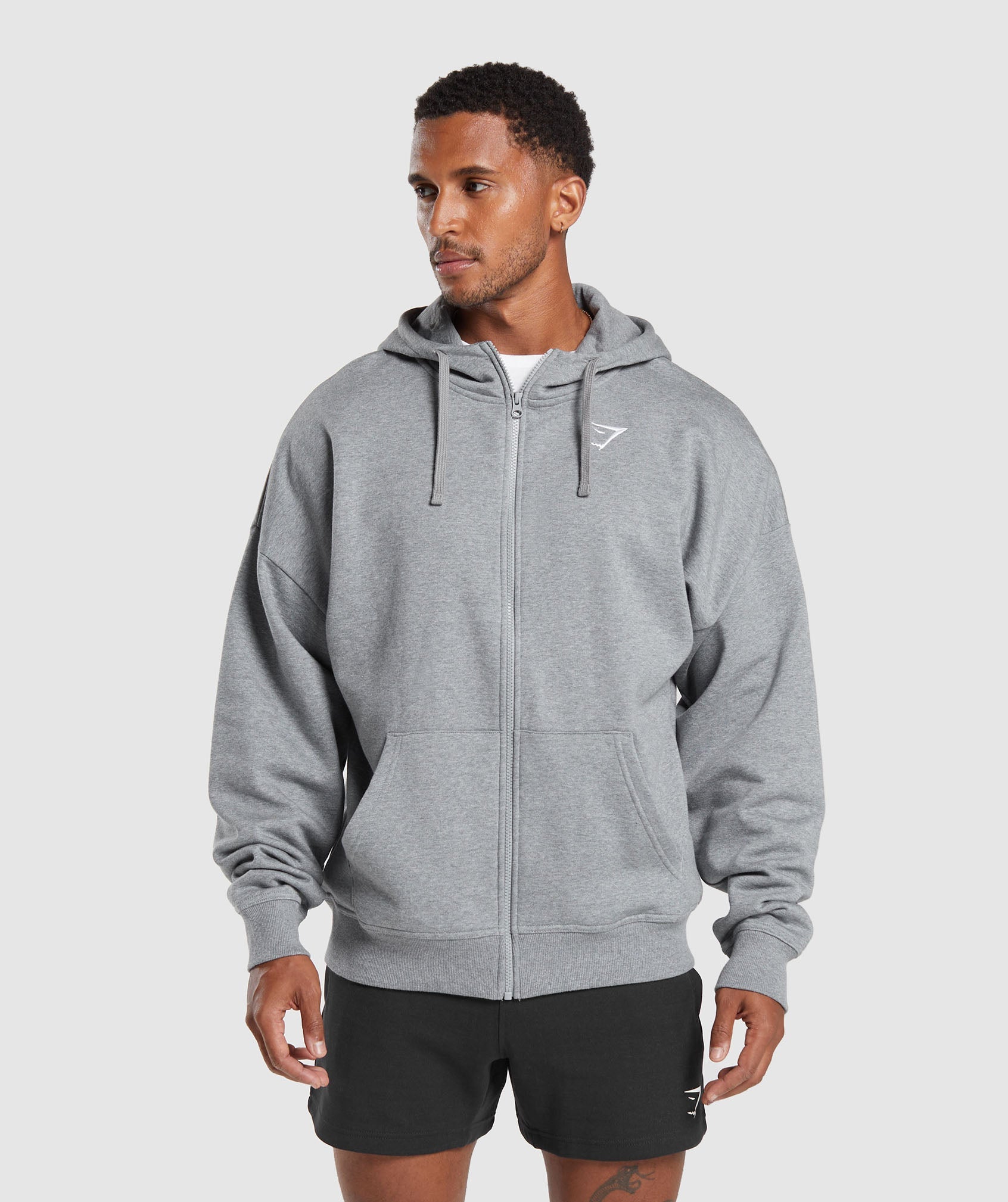 gymshark hoodie grey size L large sweatshirt top front pocket hood spellout