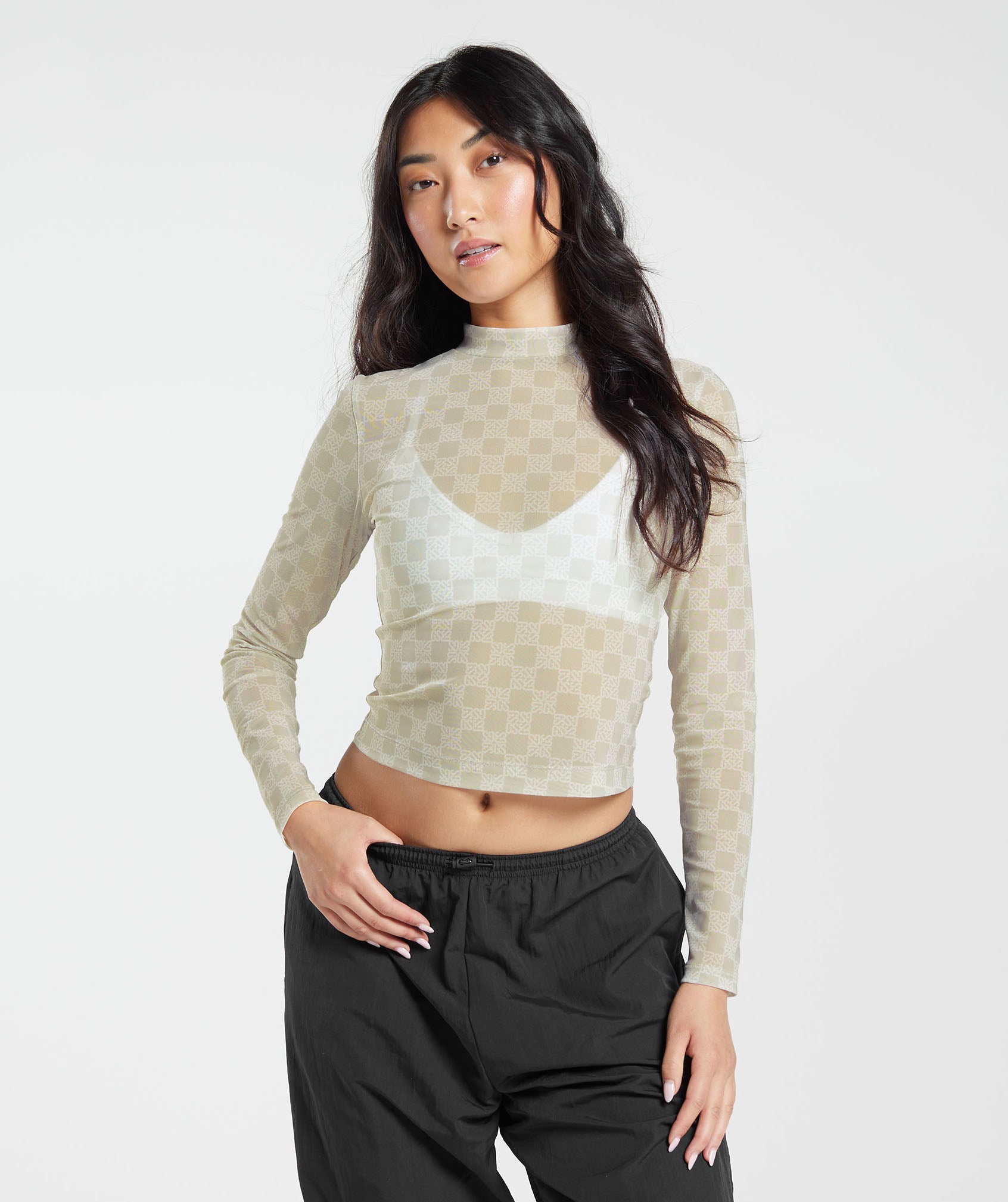 Gymshark Monogram Mesh Long Sleeve Top - Vanilla White