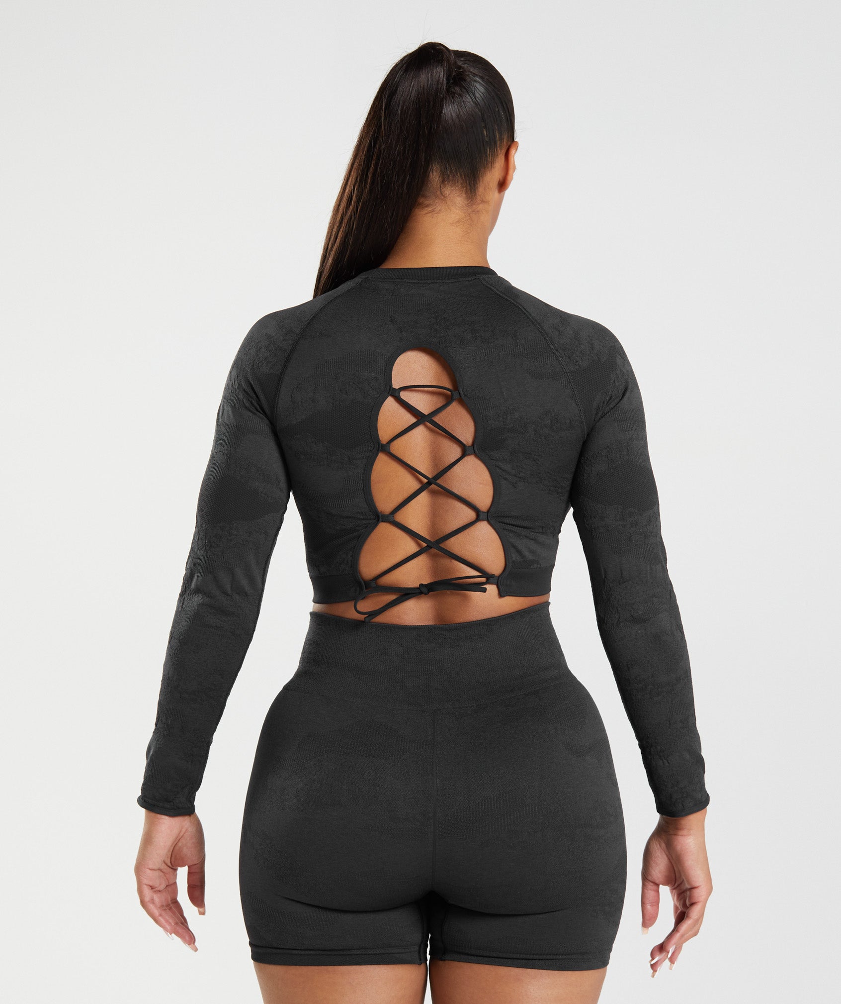Gymshark Adapt Camo Seamless Lace Up Back Top - Moss Olive/Core Olive