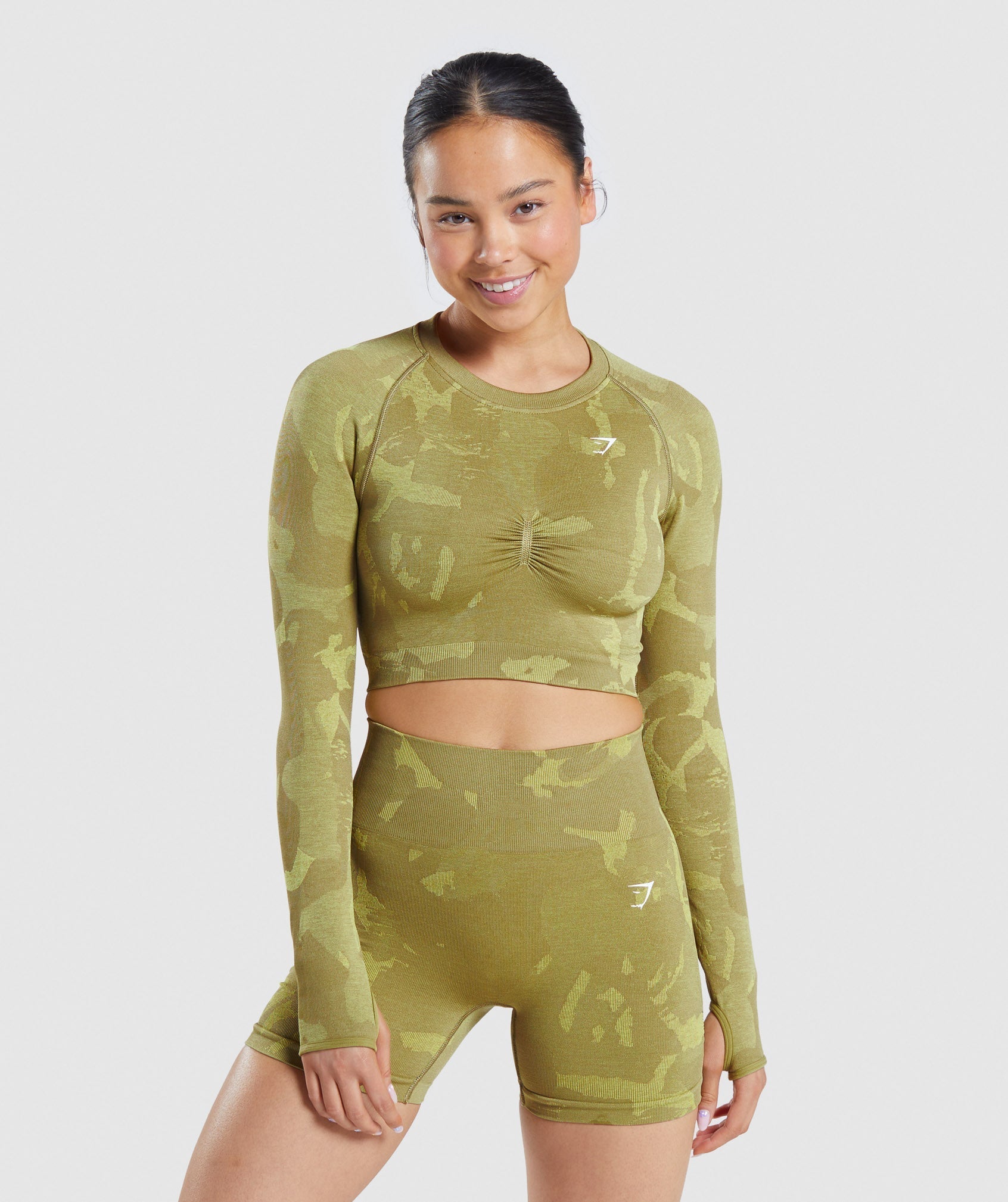 Gymshark Adapt Camo Seamless Long Sleeve Crop Top - Savanna