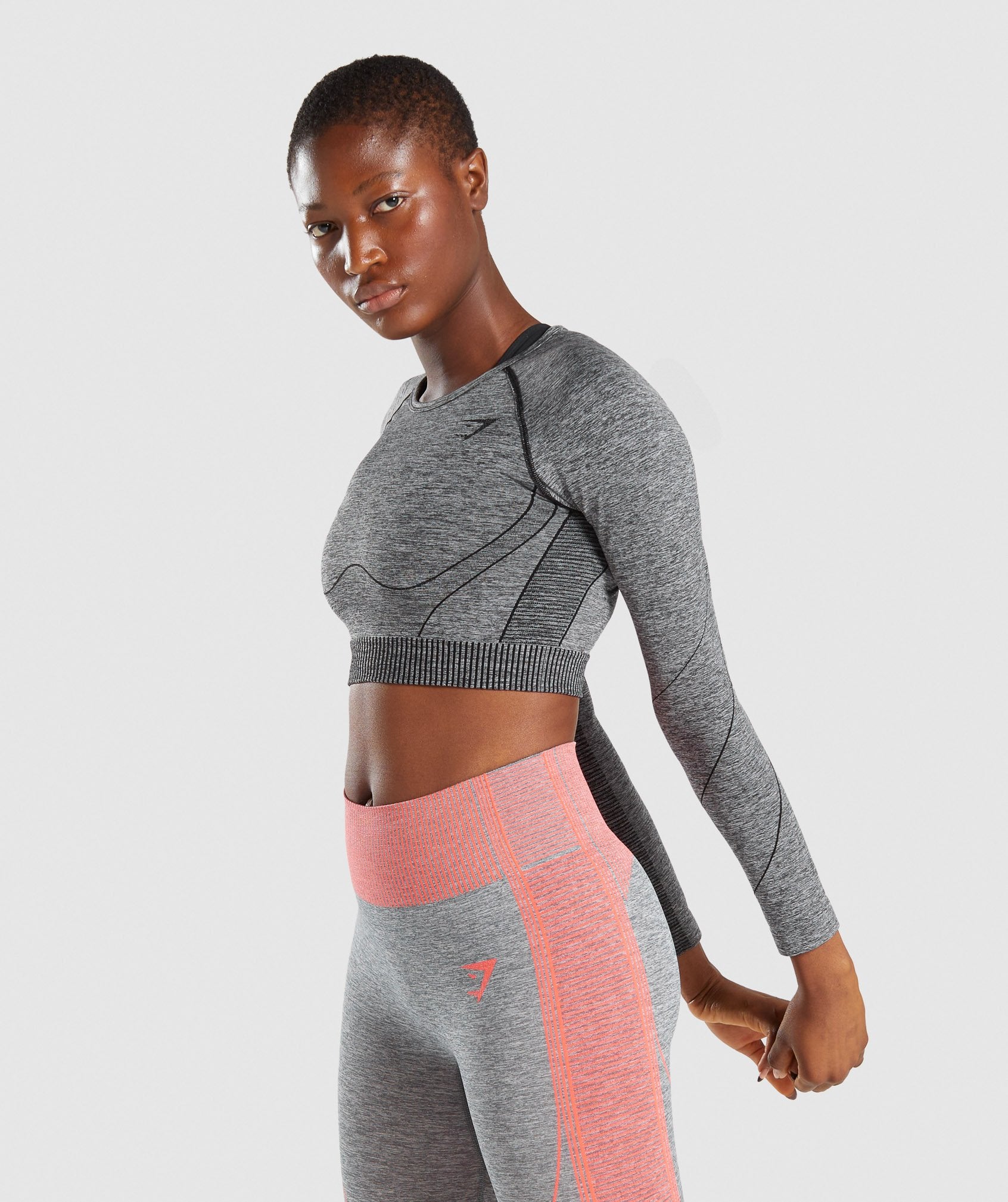 Gymshark Hyper Amplify Long Sleeve Crop Top - Black Marl/Black