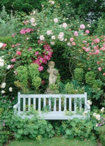 Roses Archway Statuary and Garden Bench