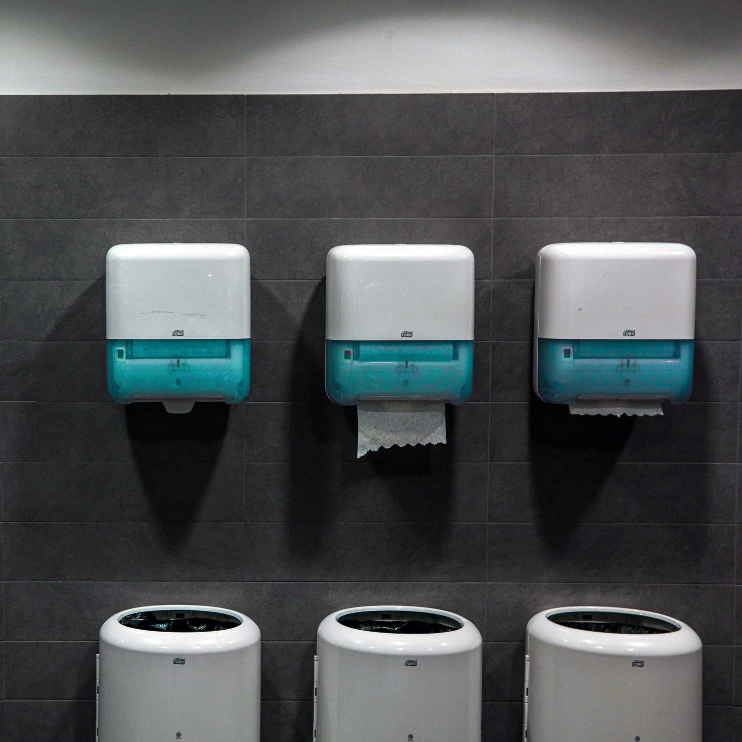 Bathroom paper towel dispenser above a waste bin