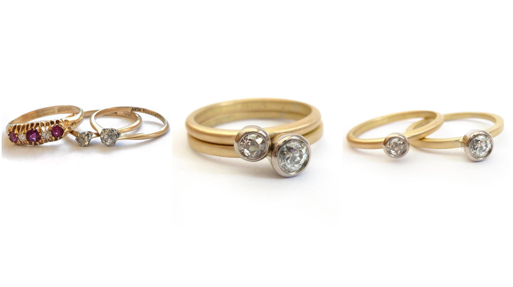 Remodelled reworked gold and diamond ring into modern stacking ringset