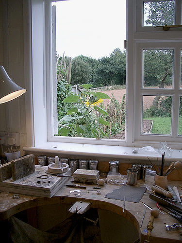 A close up view of my jewellery making studio bench in Herefordshire