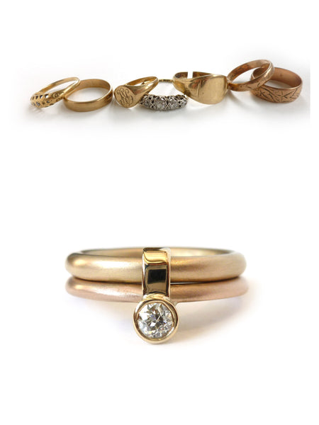 Sue lane contemporary rose and yellow gold diamond ring, handmade and bespoke remodelled ring.