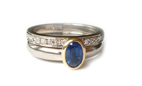 Remodelled sapphire and diamond white gold ringset