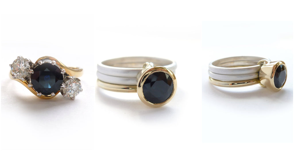 Re-purpose, re-configure, Remodelled sentimental sapphire and diamond ring into a modern bespoke ring by Sue Lane. Rework re work re-work recycle jewellery