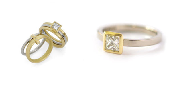 Unusual, unique, bespoke and modern white and yellow gold square diamond wedding and engagement ring set handmade to commission by designer maker Sue Lane Contemporary Jewellery, UK