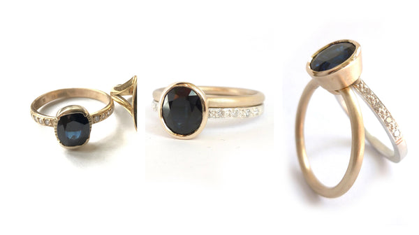 modern and bespoke remodelled re work, re-worked sapphire and diamond stacking ringset