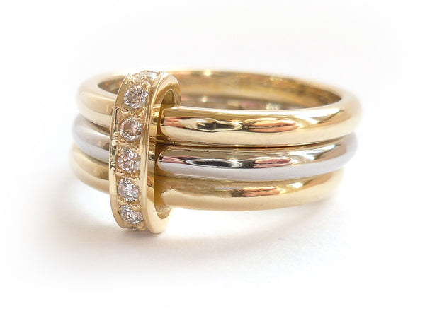 Bespoke jewellery. Modern three band gold and palladium stacking ring with pave diamonds eternity ring jewellery commission 2