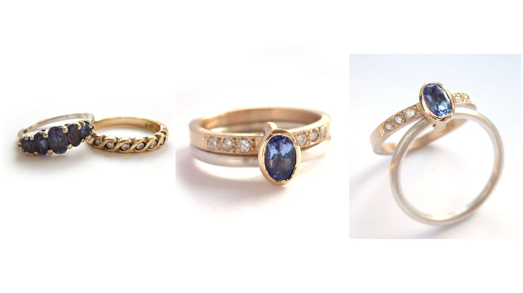 Remodelled, up cycled, reworked two tone tanzanite and sapphire bespoke ringset made from vintage jewellery
