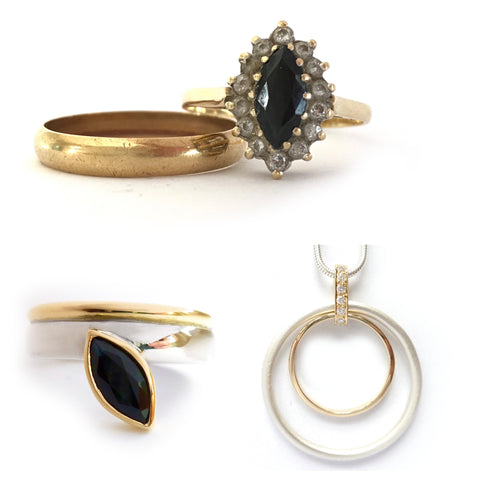 Remodel, remodelling gold, diamond and sapphire ring into a new modern bespoke necklace and ring
