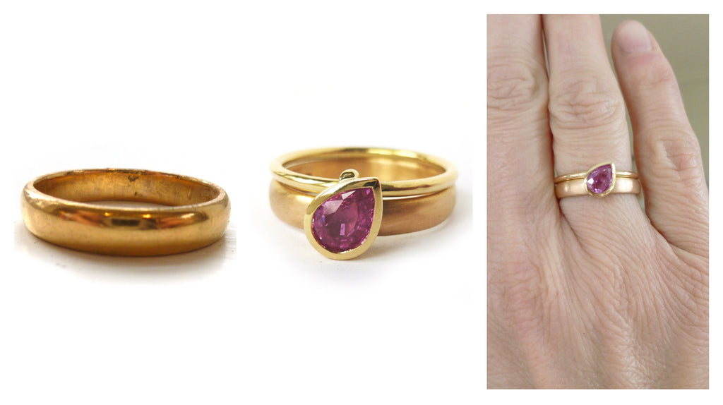 Remodelled 22ct gold wedding ring to make modern two band stacking bespoke ring with pink sapphire