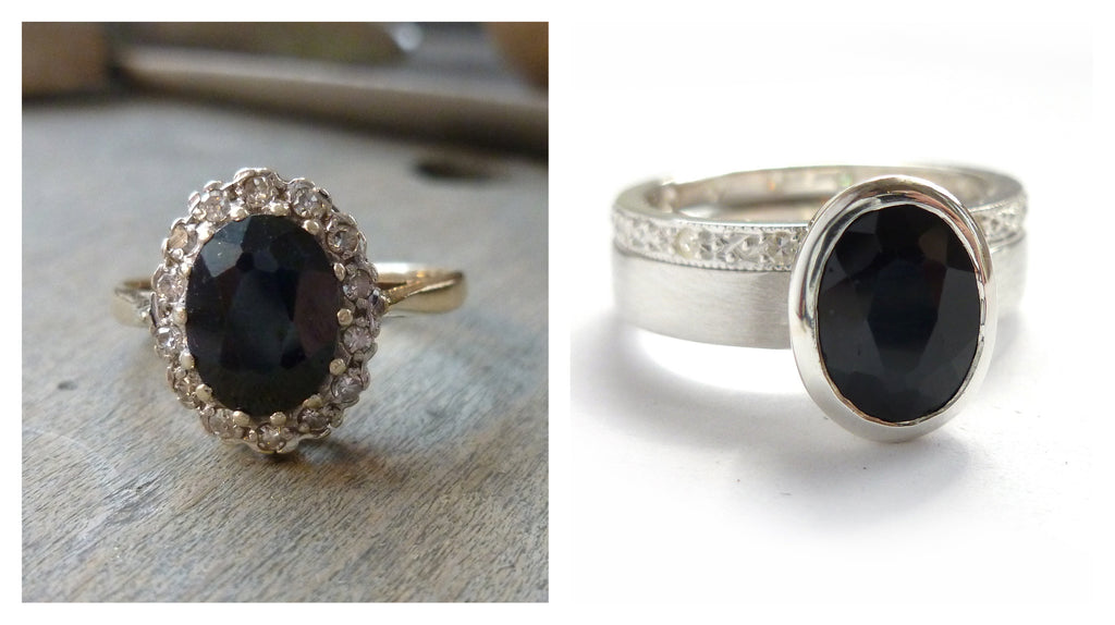 Remodelled / upcycled / recycled / reworked bespoke sapphire and diamond ring by Sue Lane