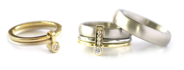 Unusual, unique, bespoke jewellery, and modern gold silver and diamond wedding and engagement stacking ring set handmade to commission by designer maker Sue Lane Contemporary Jewellery, UK