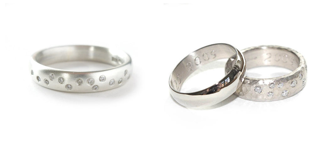 Handmade modern and bespoke set of commissioned white gold and diamond wedding rings, by designer maker Sue Lane Contemporary Jewellery, UK