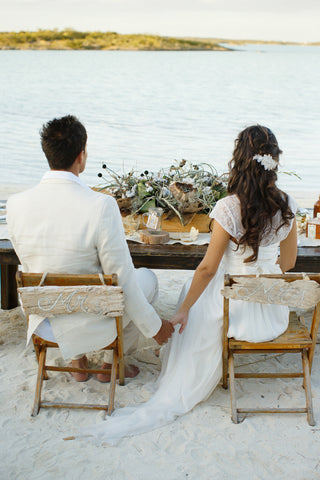 A Bride and Groom Sat on the Beach