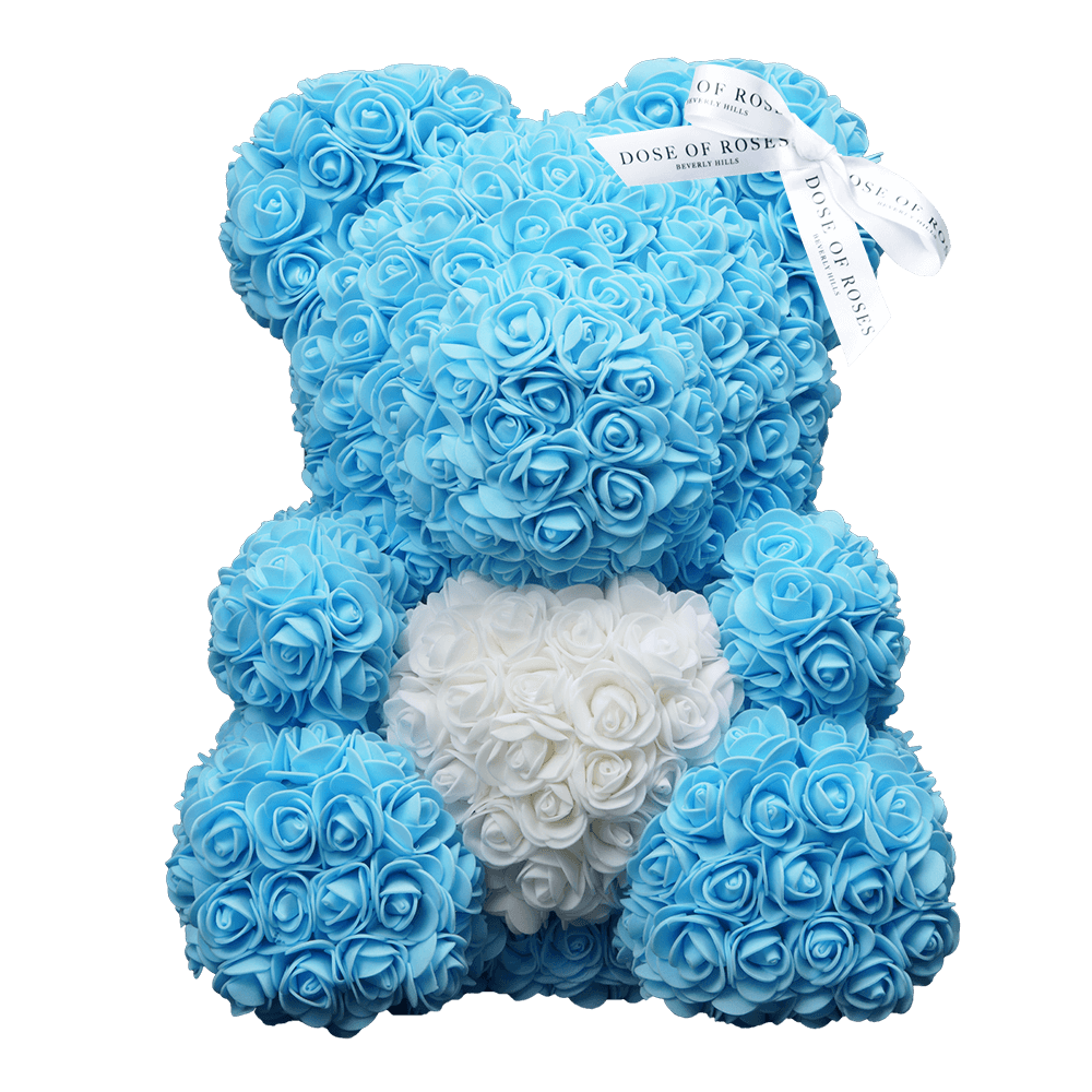 Blue & White Love Heart Rose Bear